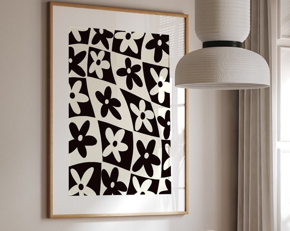 Black And White Checkered Flower Pattern Wall Art Geometric Art For Your Living Space Mid Century Scandinavian Neutral Poster