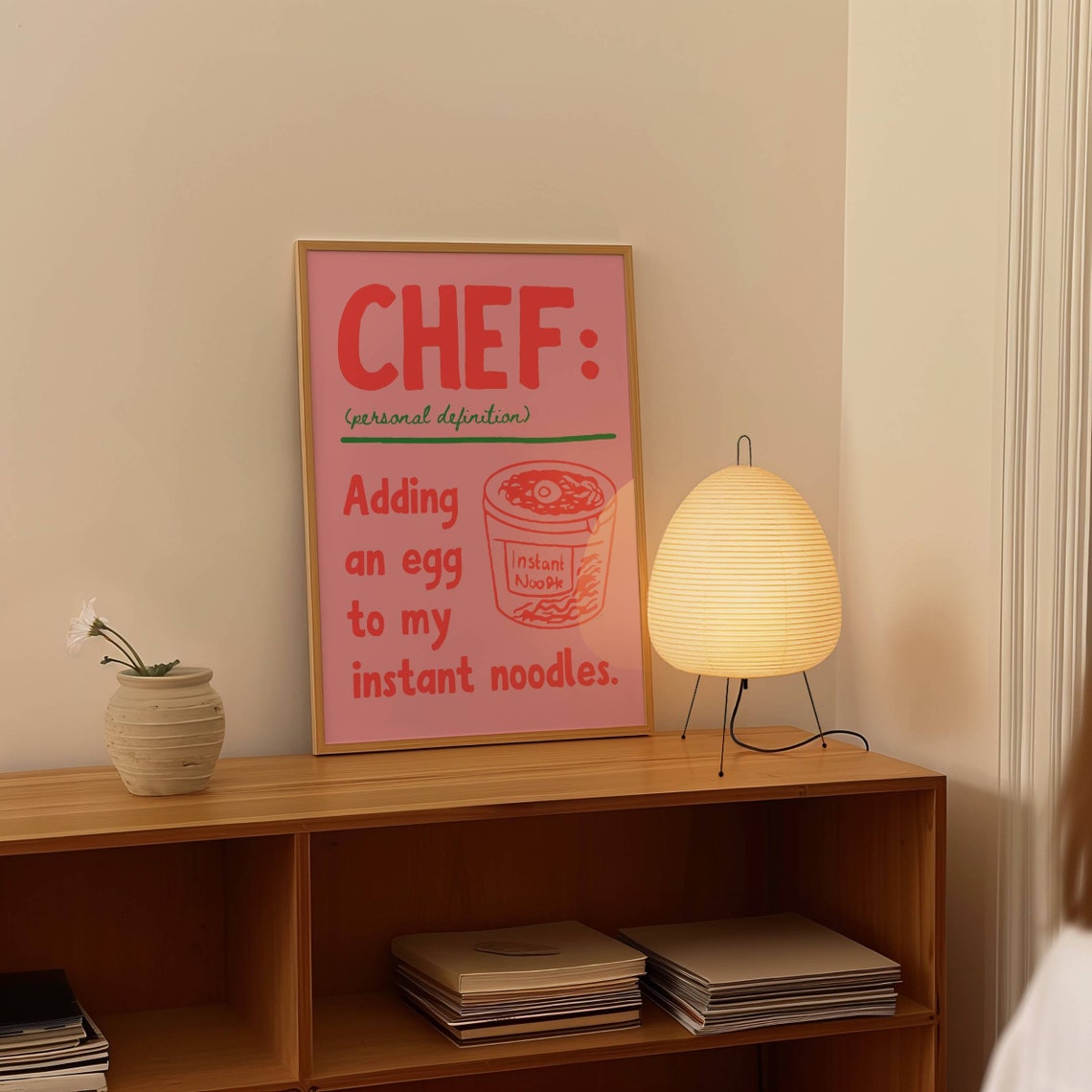 Chef Adding an Egg to Pink Instant Noodles Funny Kitchen Poster - Image 2