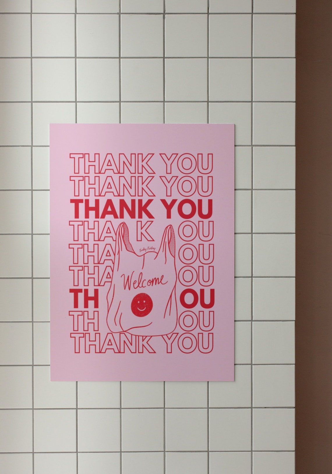 Pink Red Thank You Retro Plastic Bag Welcome Smiley Wall Print
