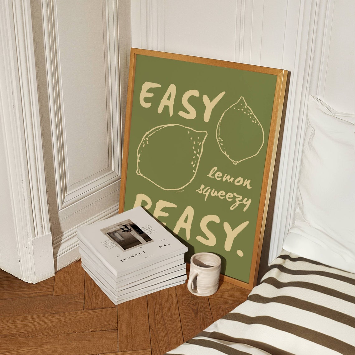 Easy Lemon Squeezy Peasy Olive Green Retro Kitchen Quote Poster - Image 2