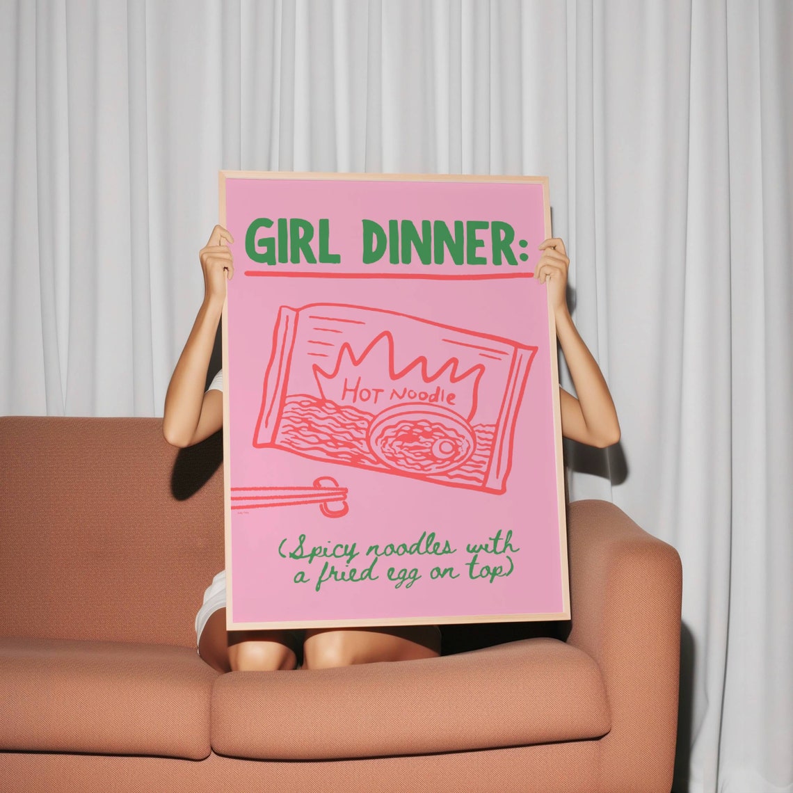 Pink Girl Dinner Spicy Noodle Packet Fried Egg Hand Drawn Poster