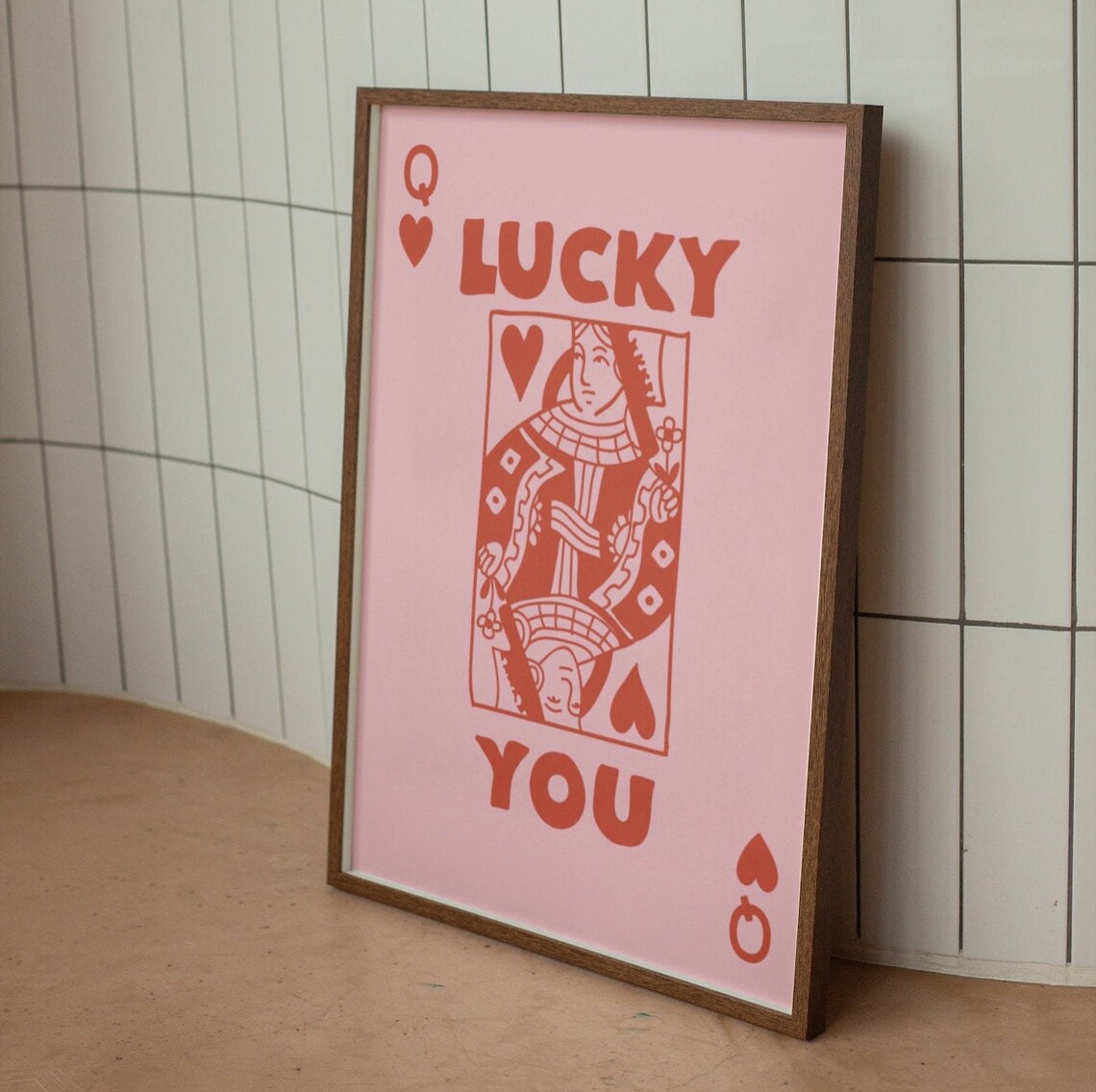 Pink Lucky You Queen Of Hearts Playing Card Retro Charm Wall Print - Image 2