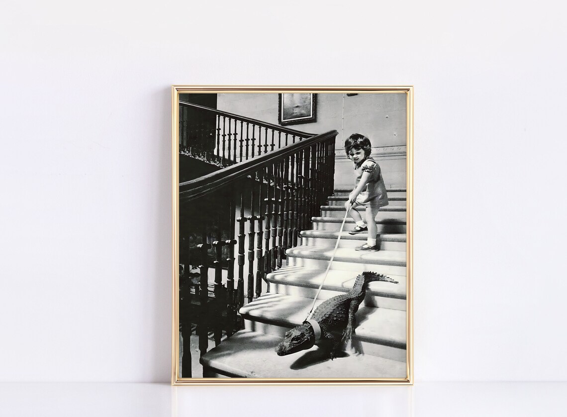 Girl Walking Baby Crocodile On Leash, Vintage Print - Image 2
