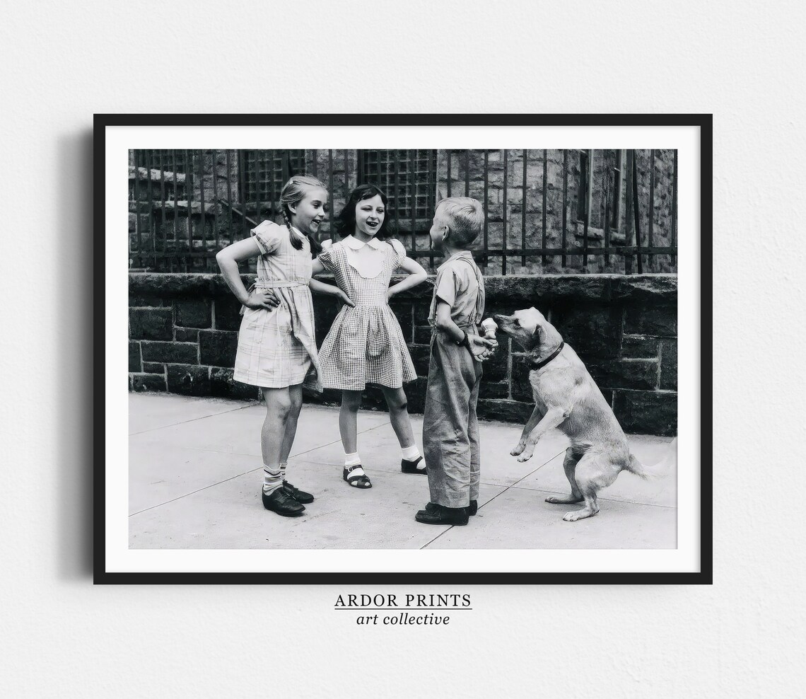 Vintage 1950s Kids Sharing Ice Cream With Dog Retro Photo Poster