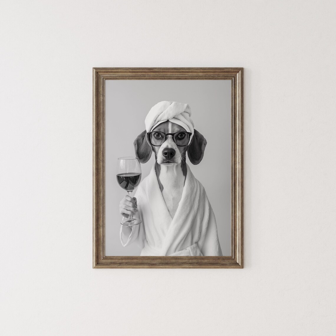 Beagle In Bathrobe Holding Wine Art Print - Image 2