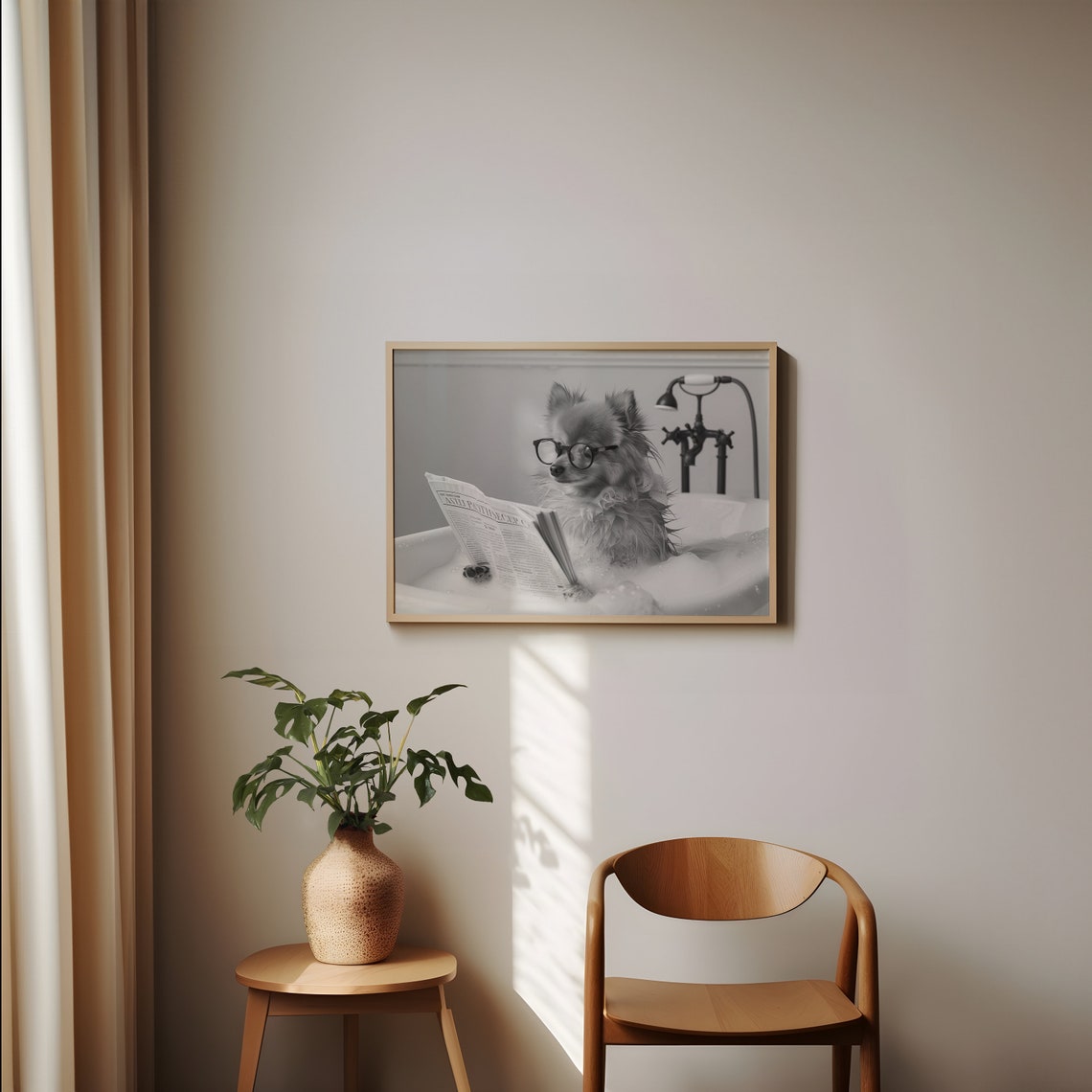 Pomeranian Reading Newspaper in Bubble Bath Black and White Poster - Image 2