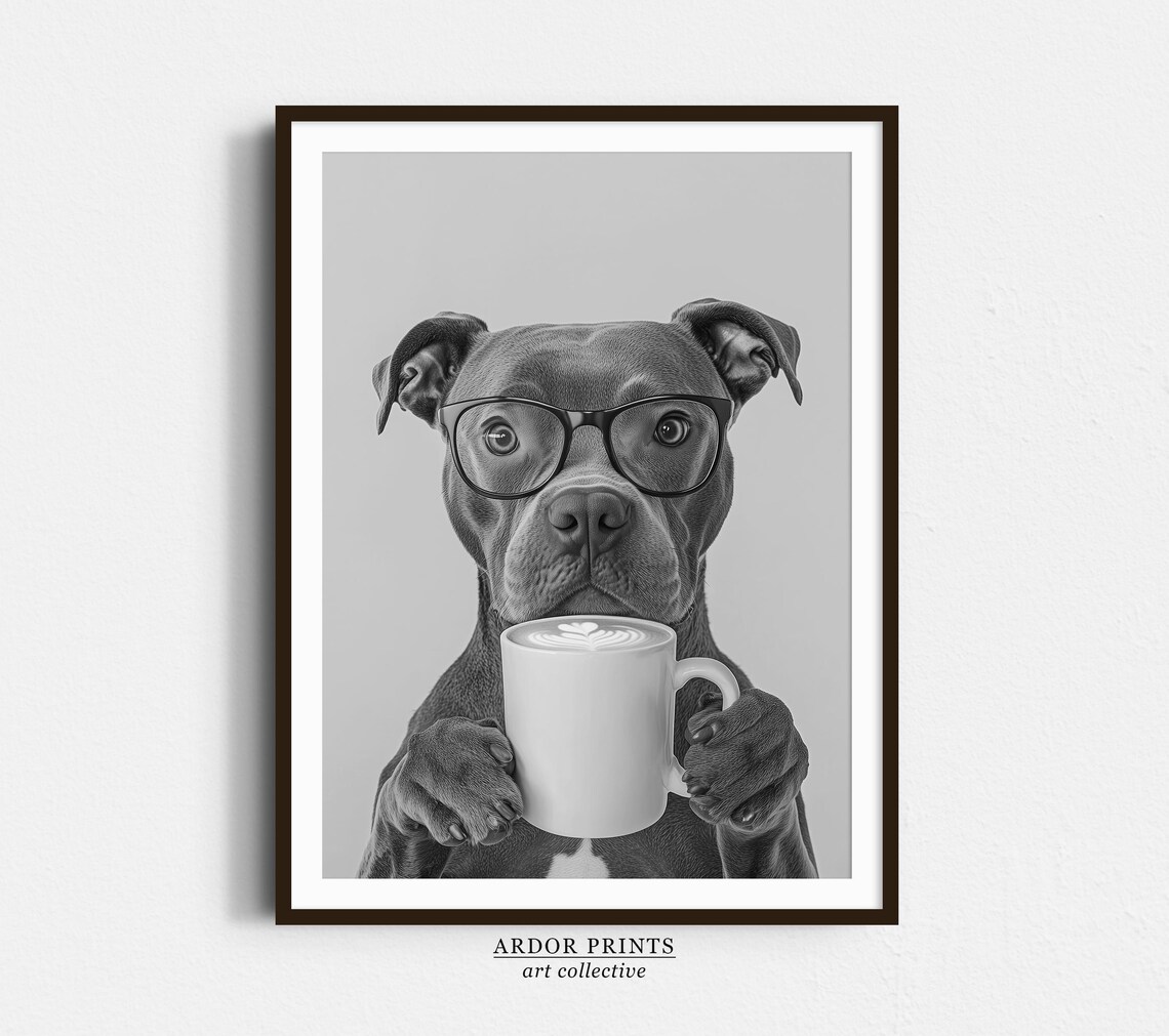 Staffy Bull Terrier Drinking Coffee, Funny Dog Print