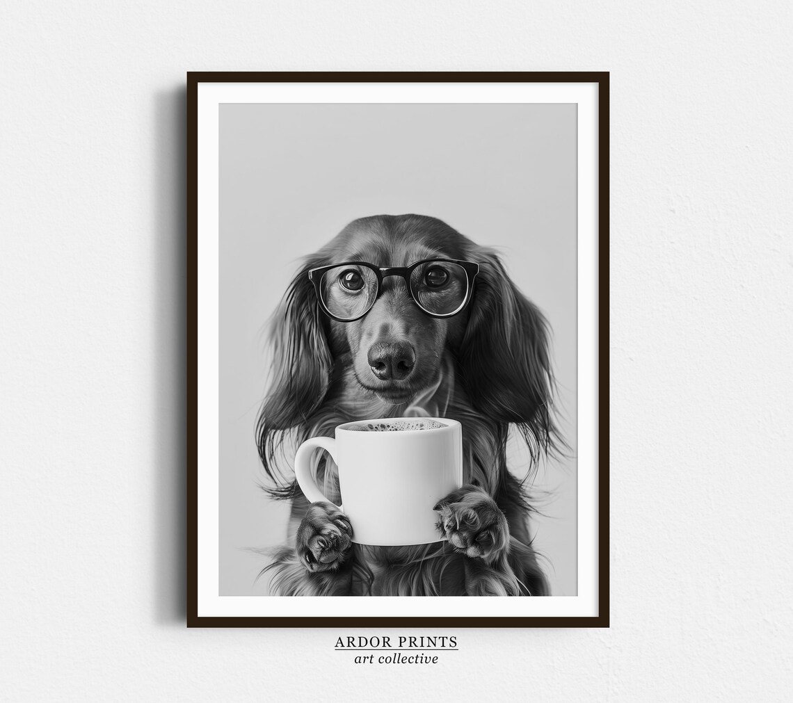 Long Haired Dachshund and Coffee Black and White Art Print