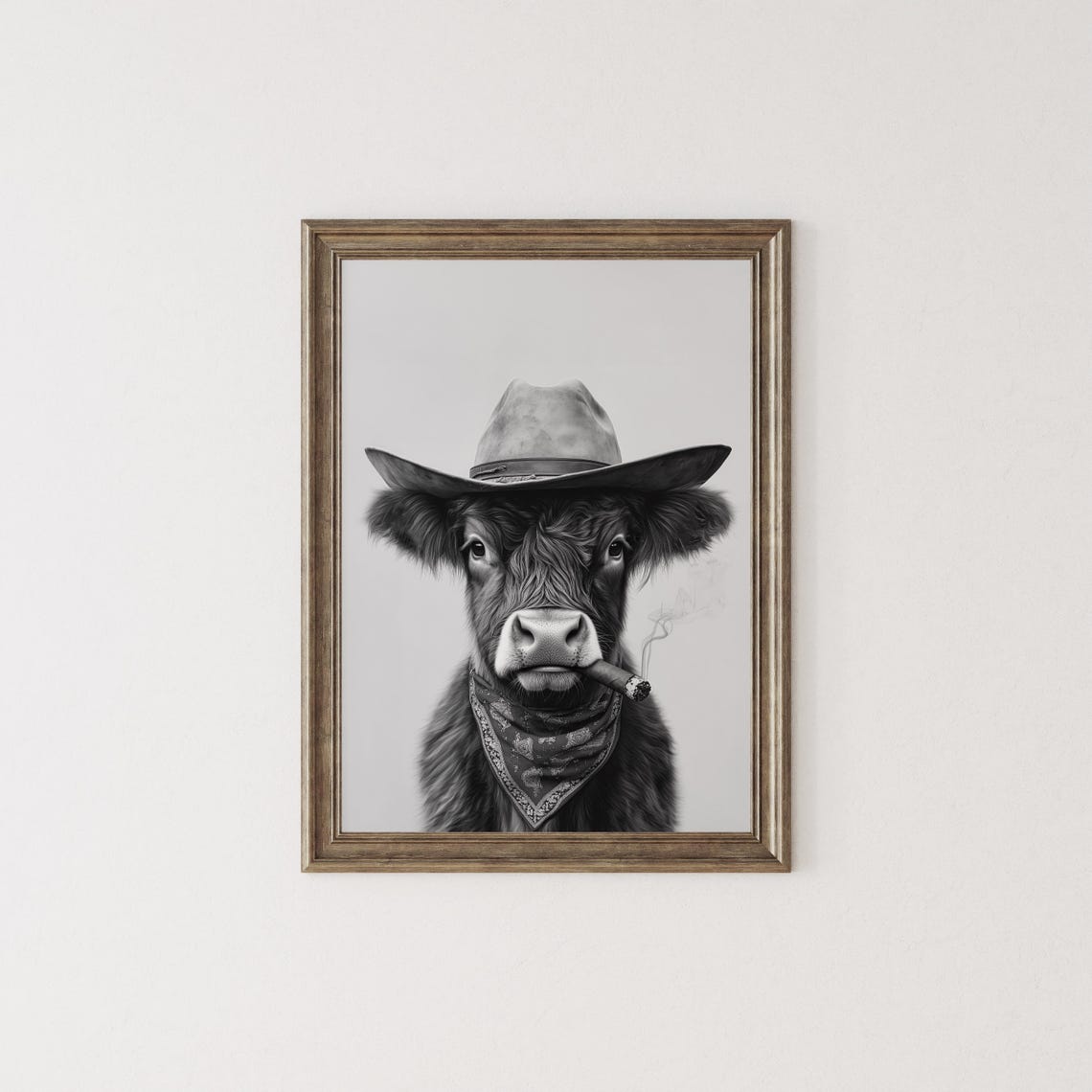 Highland Cow Cowboy Wall Art Western Print Black And White Print Highland Cow Western Art Vintage Animal Poster Trendy Retro Decor - Image 2