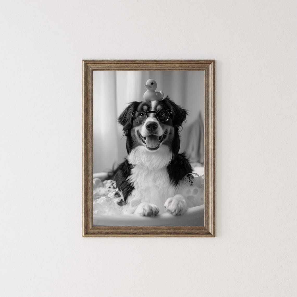 Bernese Mountain Dog in Bubble Bath With Glasses and Duck Poster - Image 2