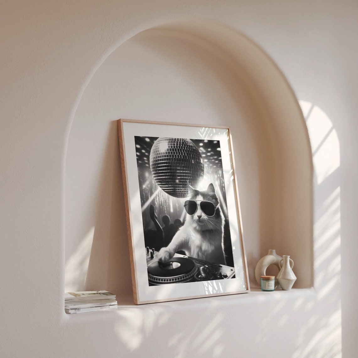 Cat DJ Spinning Records Under Disco Ball Black and White Poster - Image 4