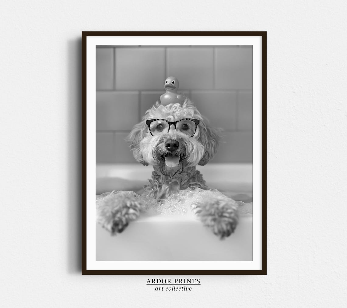 Cockapoo Bubble Bath Funny Dog With Glasses And Rubber Duck Poster