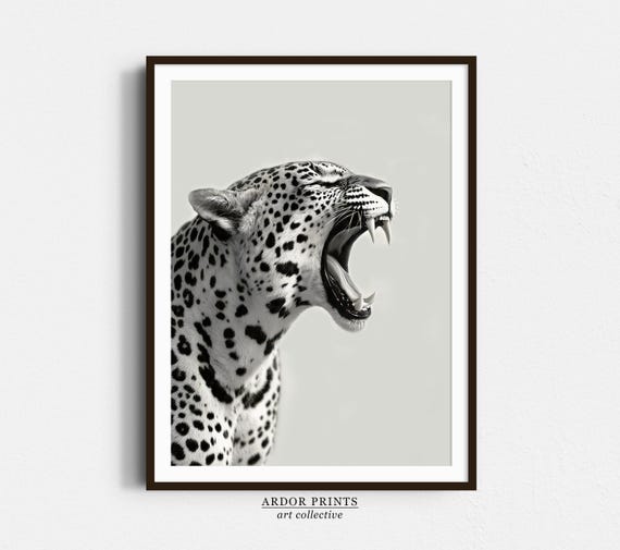 Leopard Roar Print, Minimalist Black And White Art Print