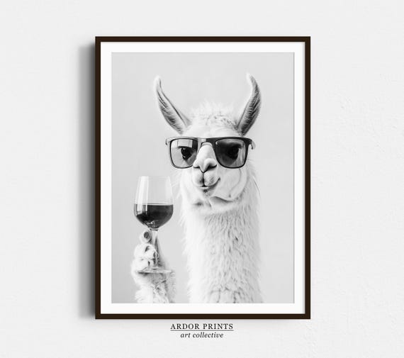 Llama Drinking Wine, Black And White Art Print