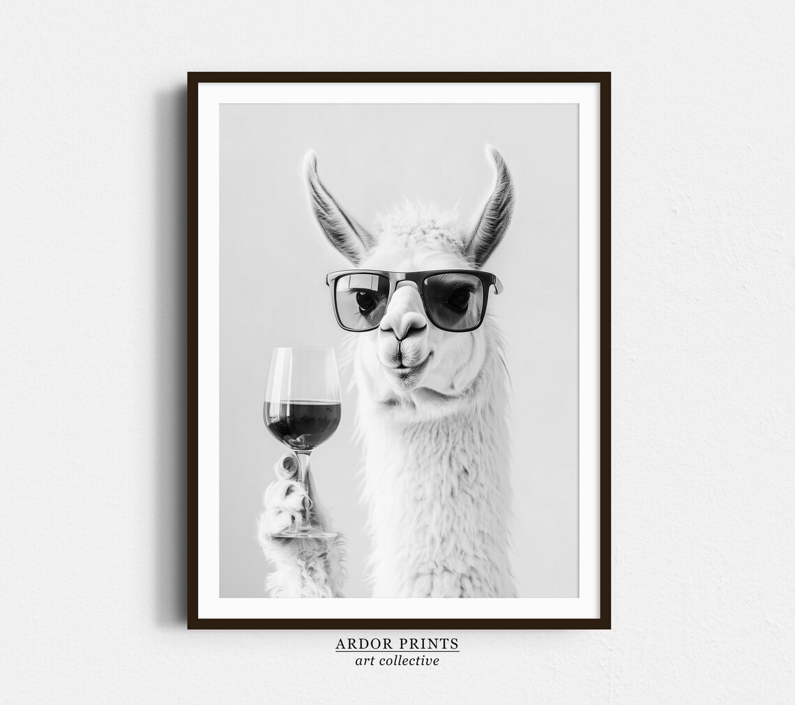 Llama Drinking Wine, Black And White Art Print