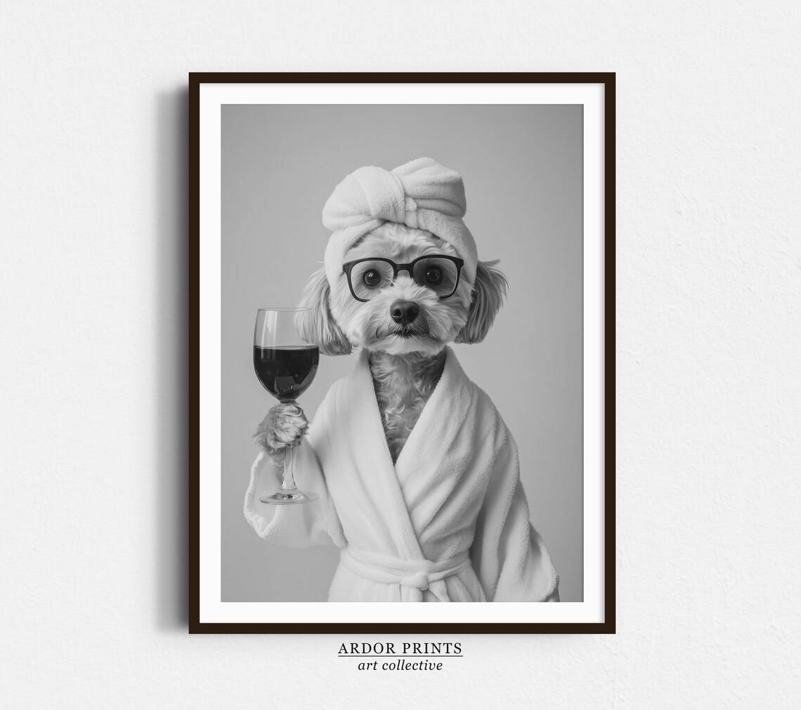 Cockapoo In Bathrobe Holding Wine, Dog Humor Art Print