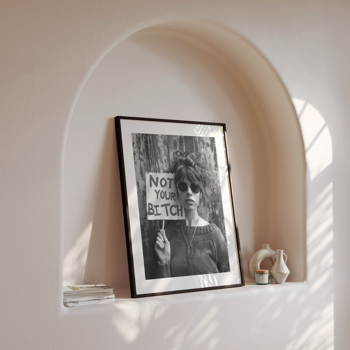 Woman Holding Protest Sign Black and White Feminist Art Poster - Image 4