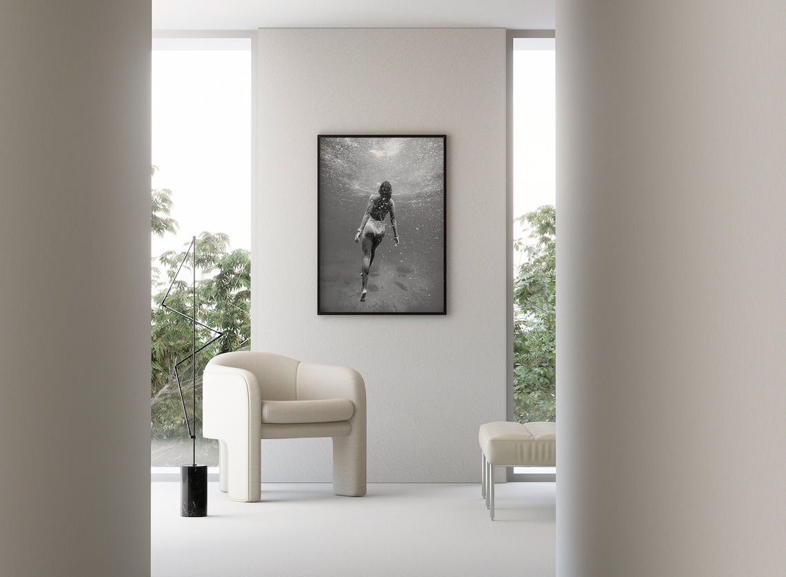 Woman Swimming Underwater Black And White Ocean Photography Poster - Image 3