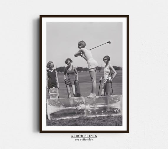 Women Golfers Teeing On Ice Wall Art Black And White Print Sports Bar Wall Decor Funny Wall Art Classic Golf Poster Retro Golf Print