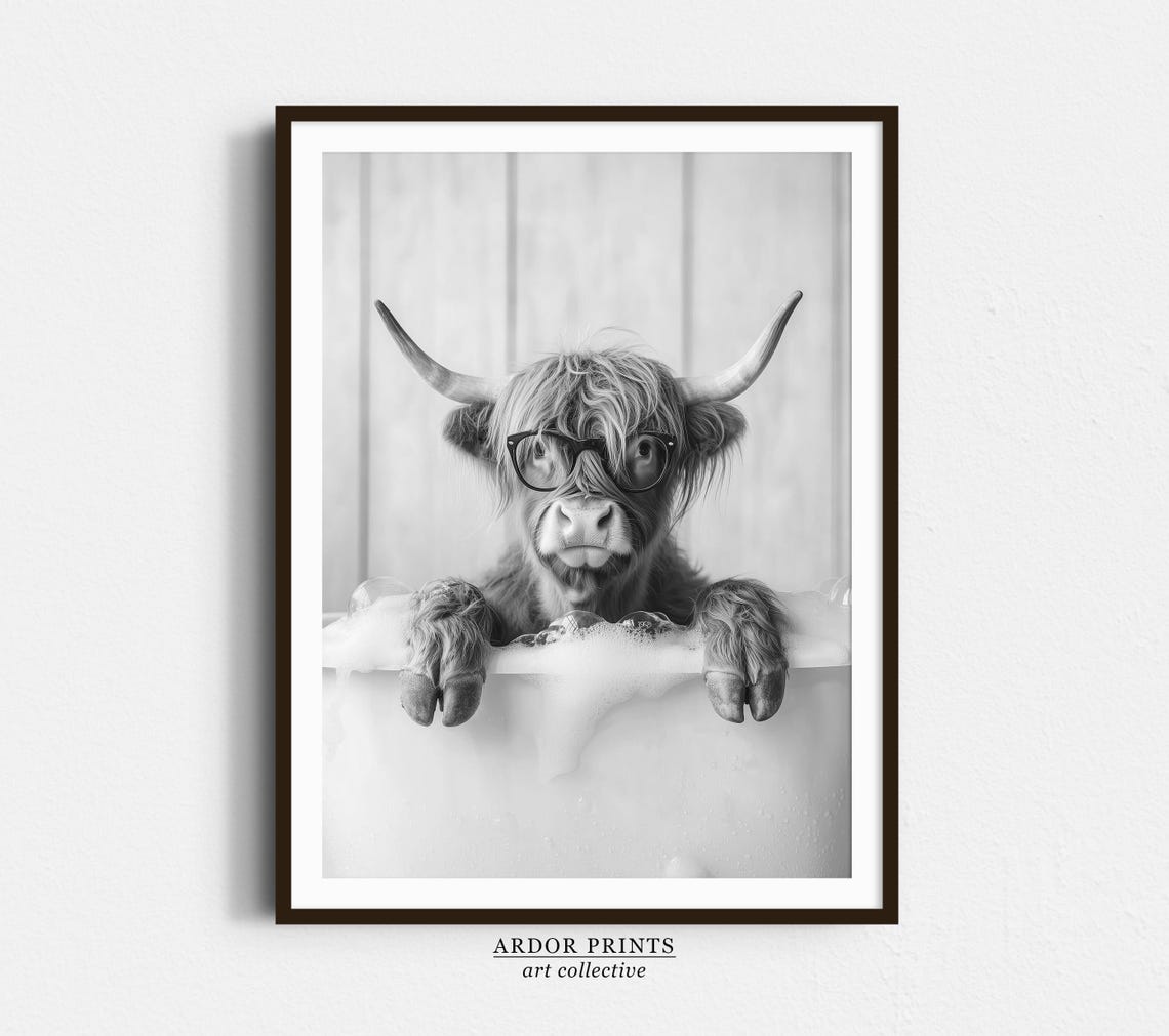 Highland Cow With Glasses in Bubble Bath Black and White Poster