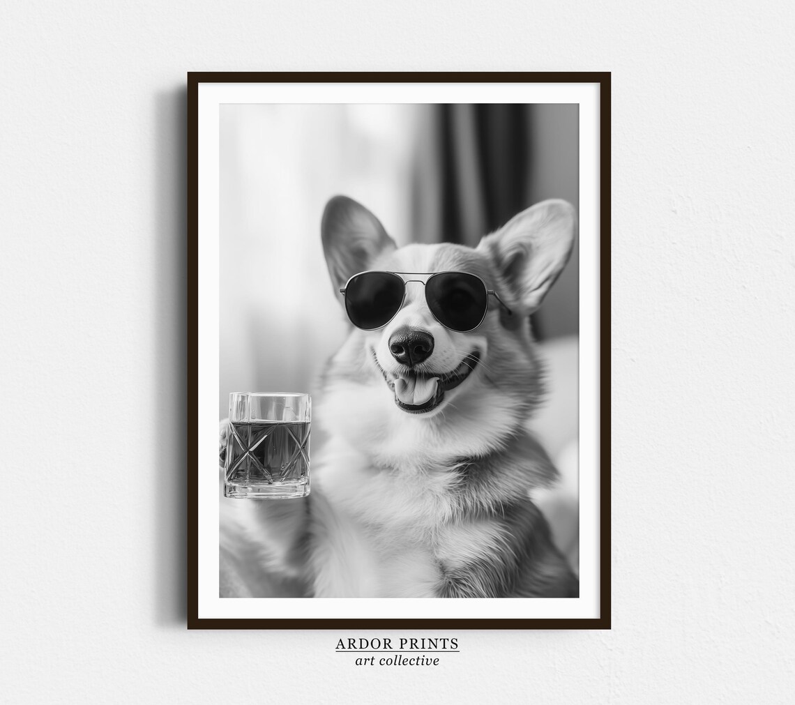 Corgi Drinking Whiskey Art Print, Funny Bar Cart Decor