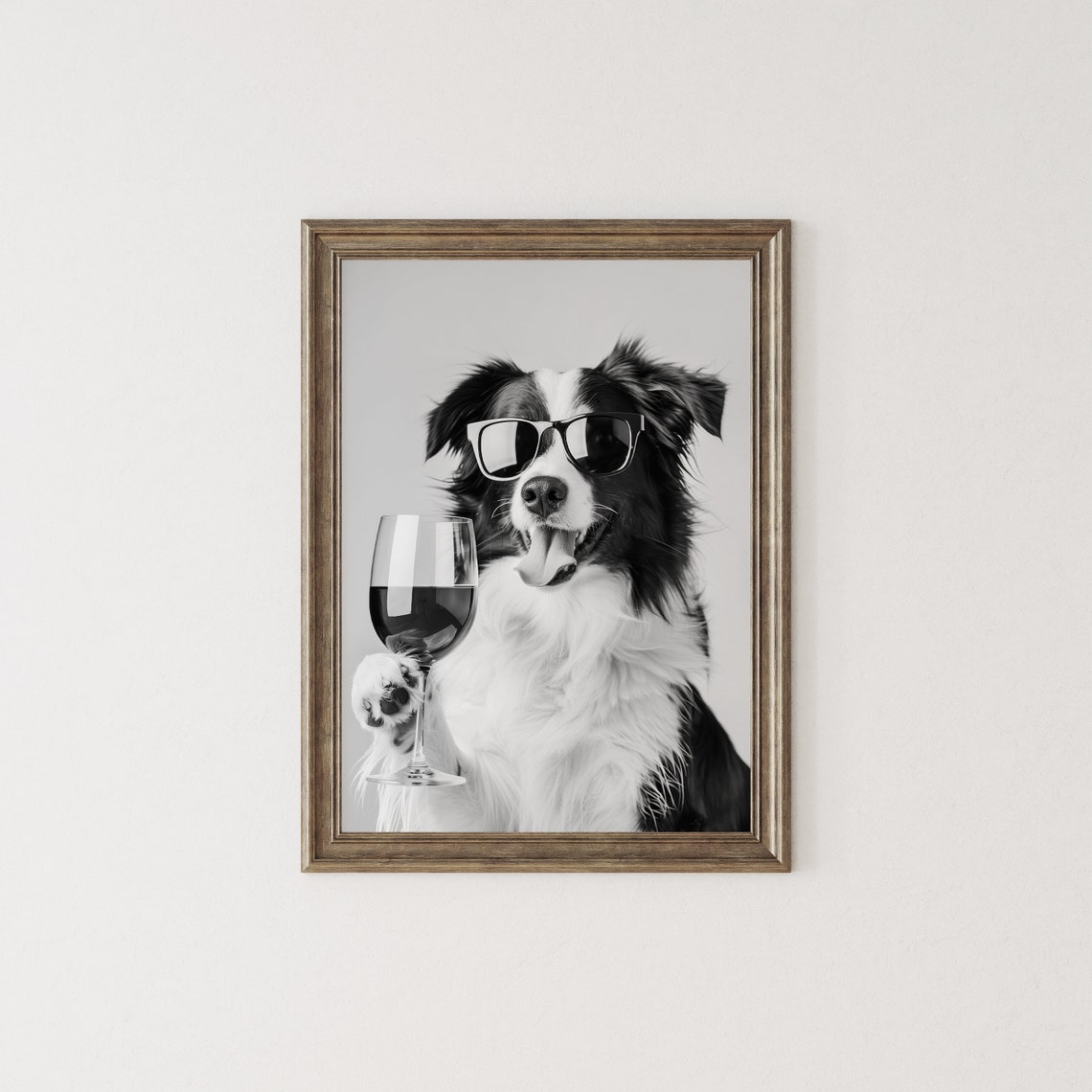 Border Collie Wearing Sunglasses Holding Wine Glass Black White Poster - Image 2