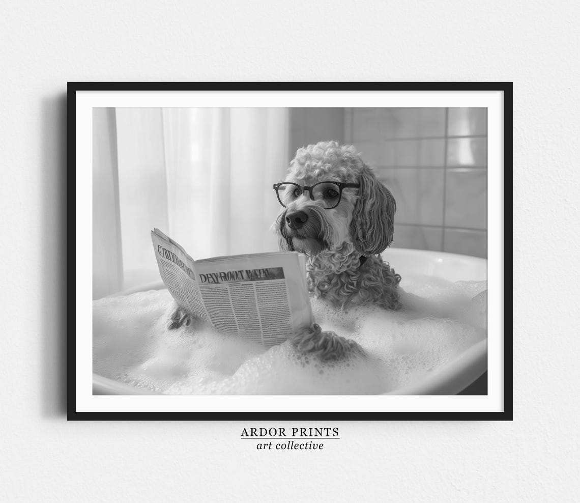Labradoodle Reading Newspaper In Bubble Bath Funny Bathroom Poster