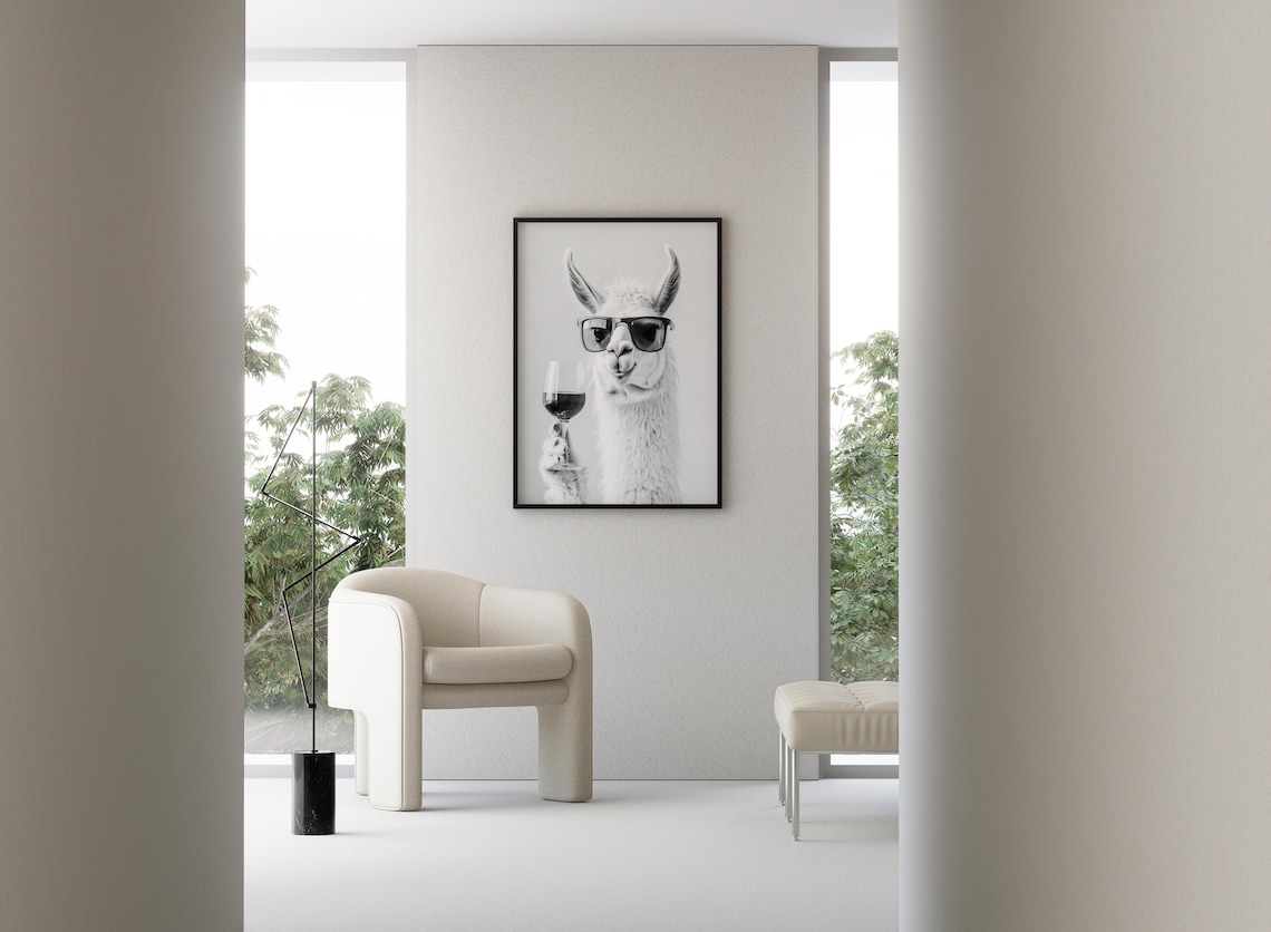 Llama Drinking Wine, Black And White Art Print - Image 2