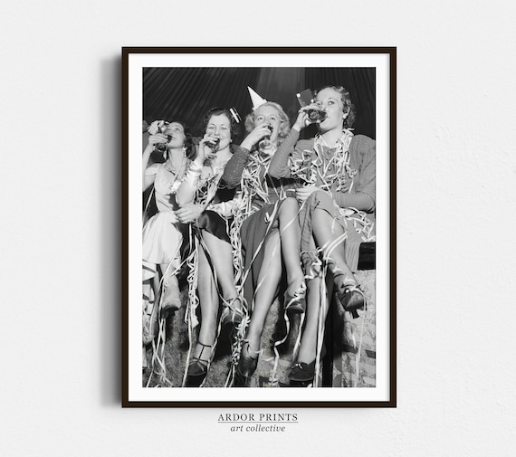 Four Friends Drinking Wine Vintage Party Black and White Poster