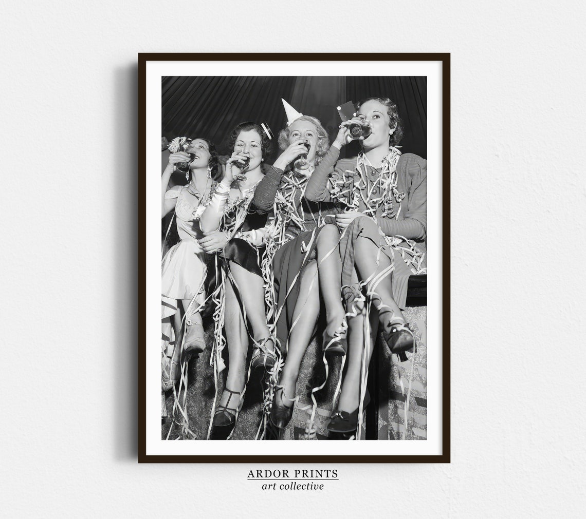 Four Friends Drinking Wine Vintage Party Black and White Poster