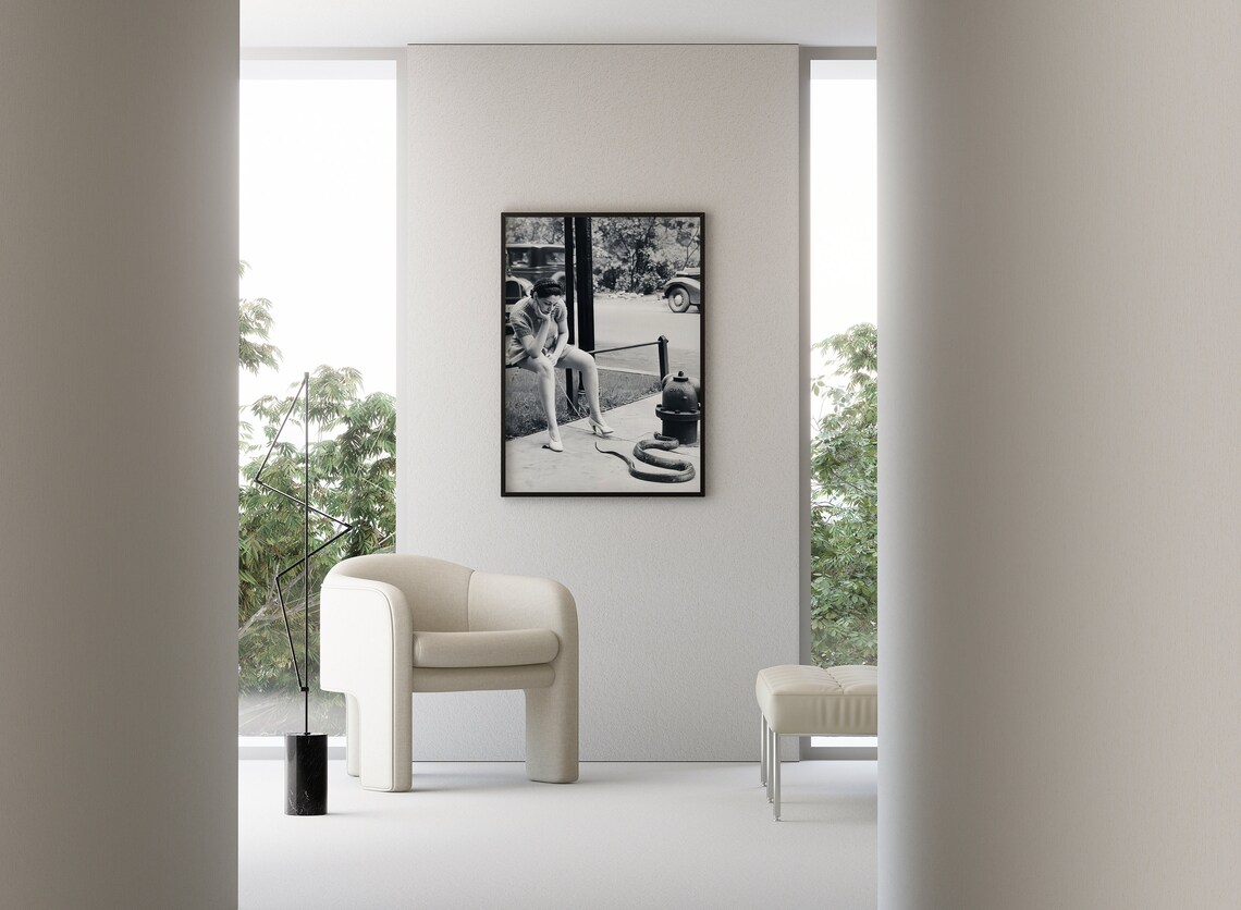 Woman Walking Pet Snake on Vintage Street Black and White Poster - Image 3