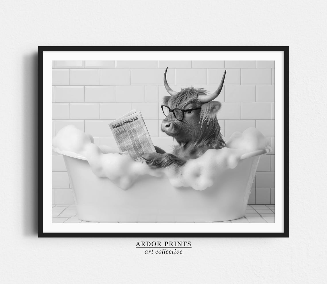 Highland Cow in Bubble Bath Reading Newspaper Black White Print