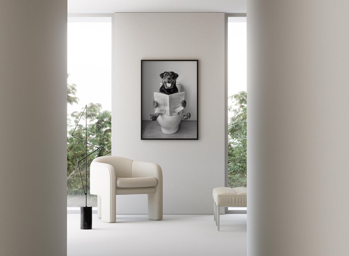 Rottweiler Reading Newspaper in Toilet, Funny Dog Art Print - Image 3