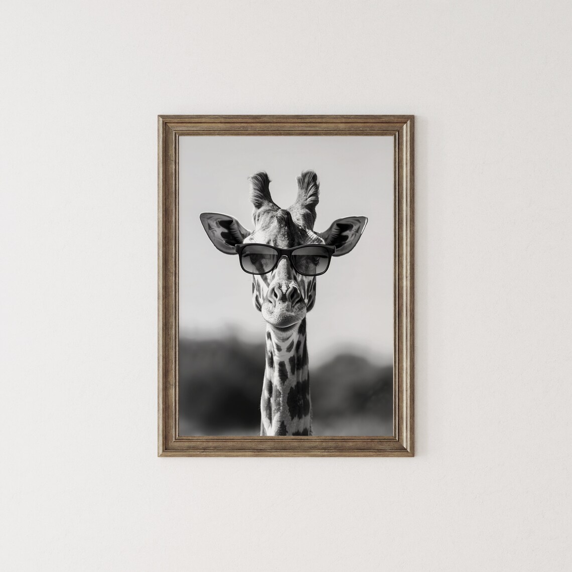 Giraffe Wearing Sunglasses Black and White Animal Portrait Poster - Image 2