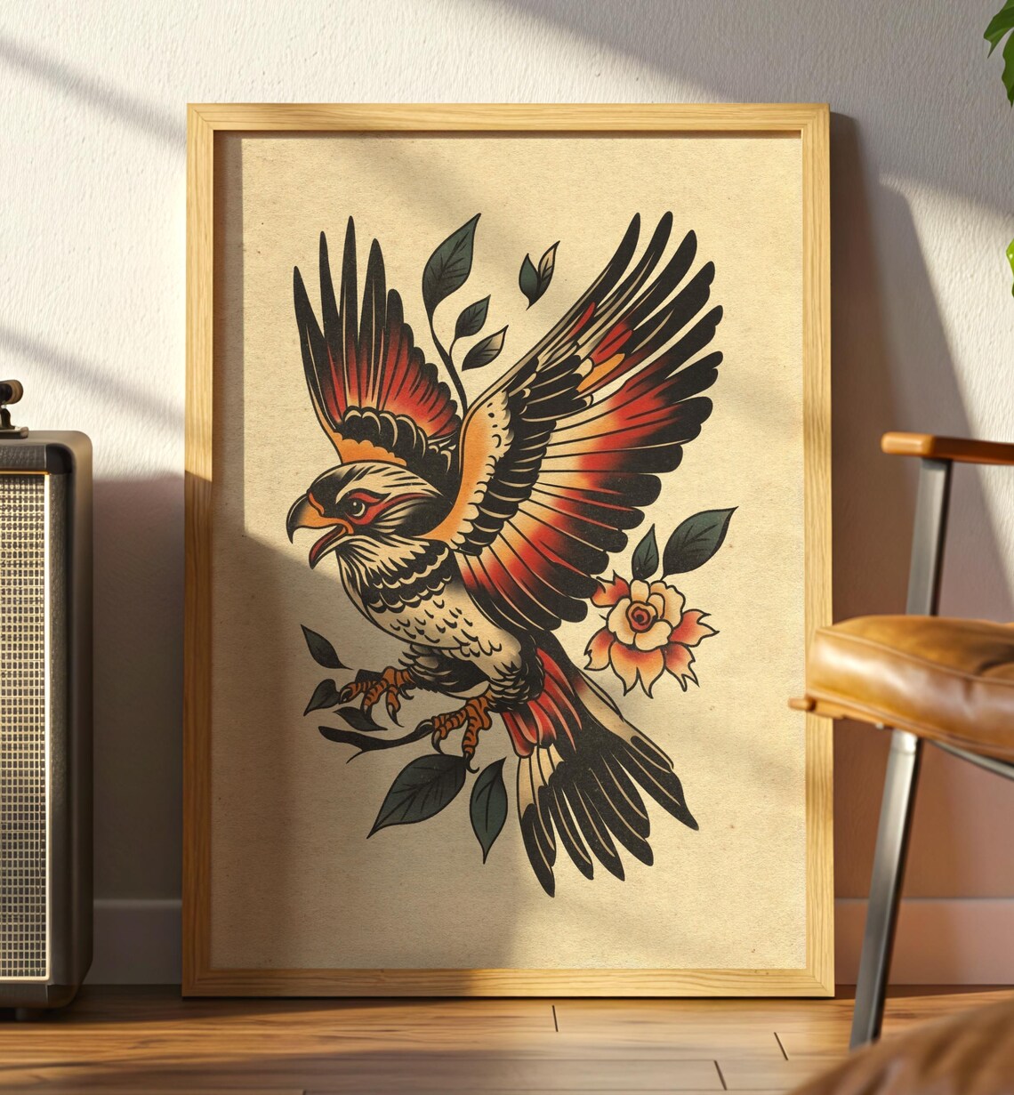 Traditional Hawk Tattoo Poster, Bold Flash Art