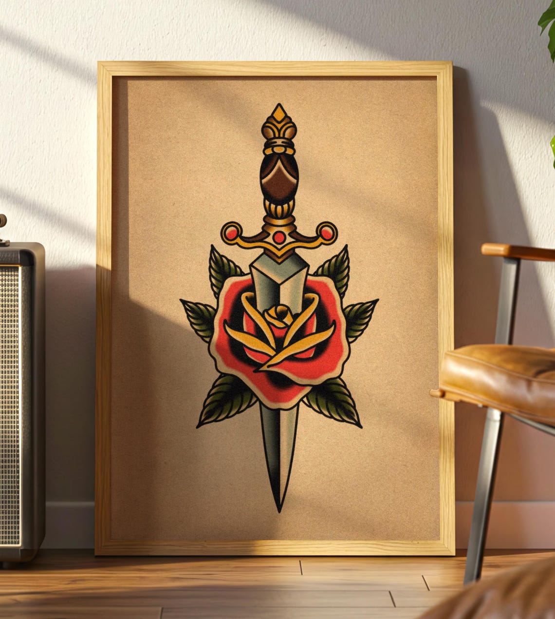 Traditional Dagger And Rose Tattoo Flash Vintage Floral Art Poster