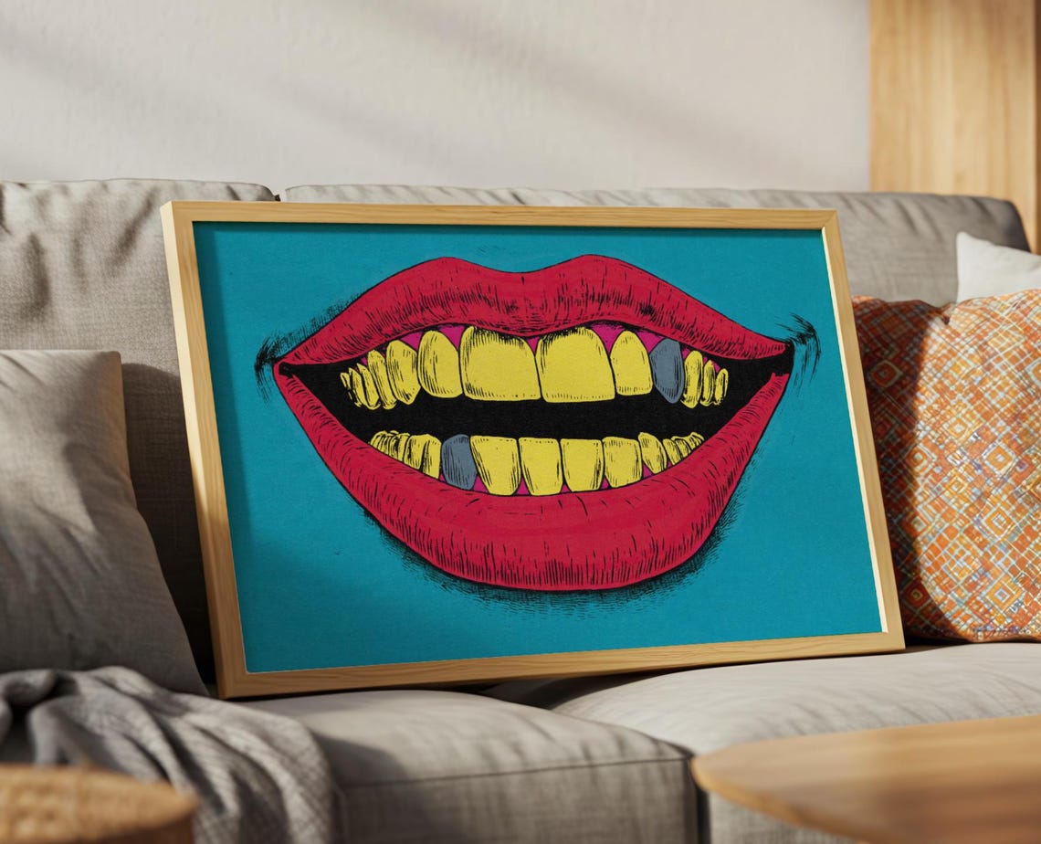 Pop Art Laughing Mouth Red Lips Yellow Teeth Retro Comic Poster