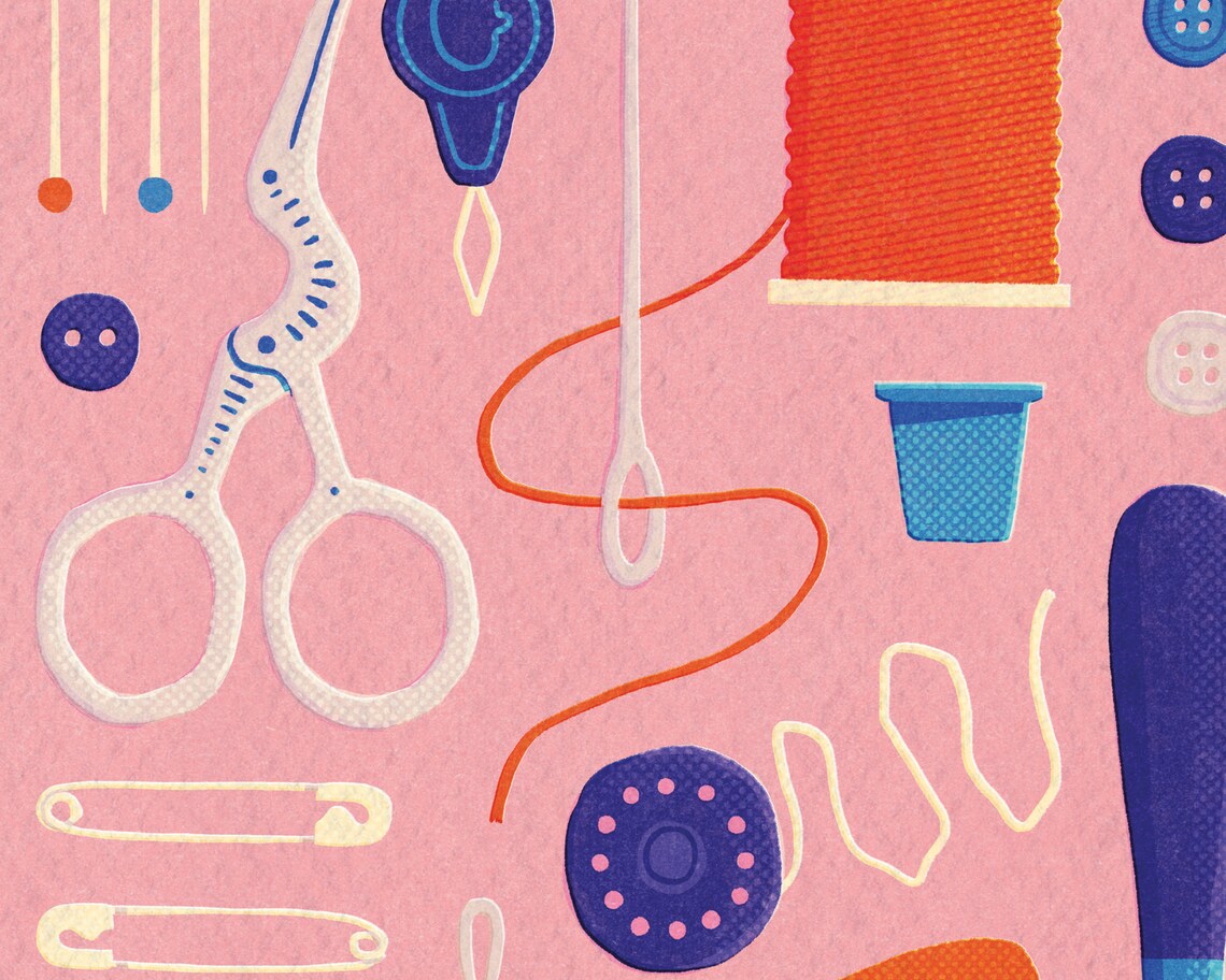 Sewing Items Art Print, Colorful Illustrated Tools - Image 2