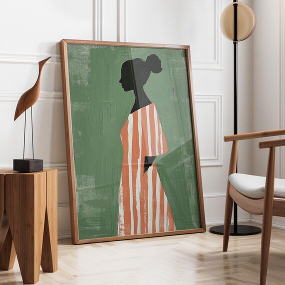 Woman Silhouette in Striped Dress Sage Green Abstract Poster