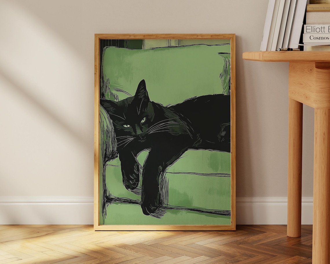 Emerald Green Sleeping Black Cat Contemporary Art Print - Image 3