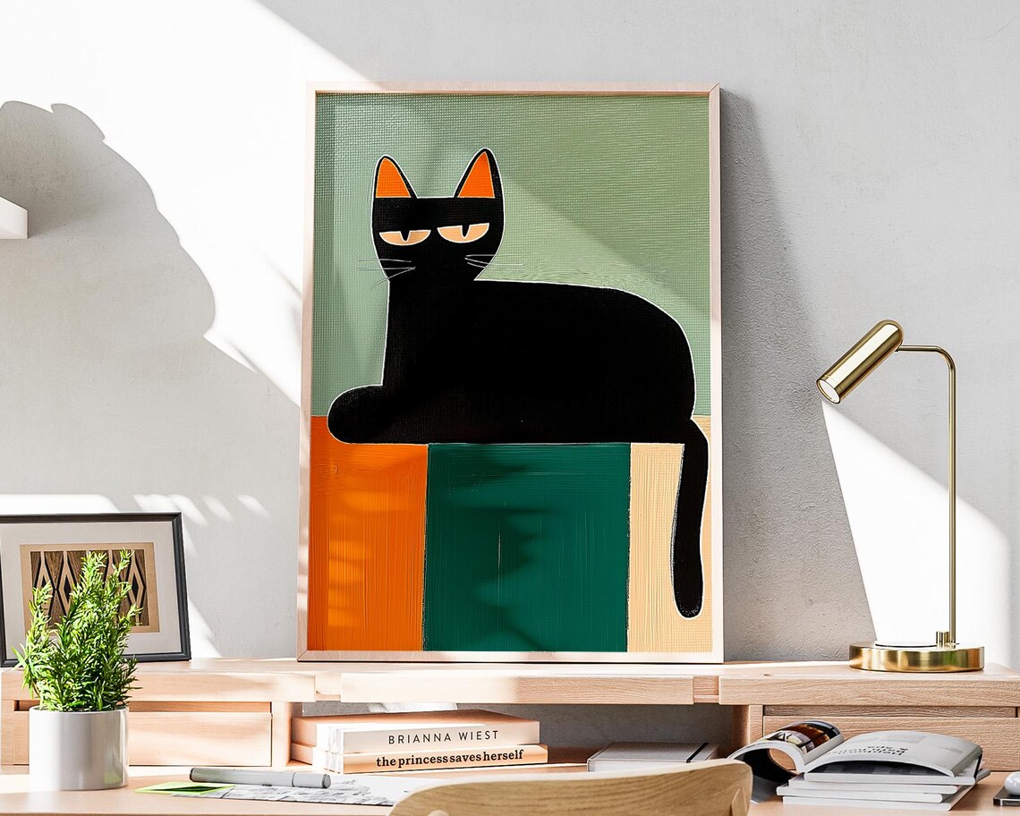 Black Cat Geometric Art Print, Atomic Mid-Century - Image 3