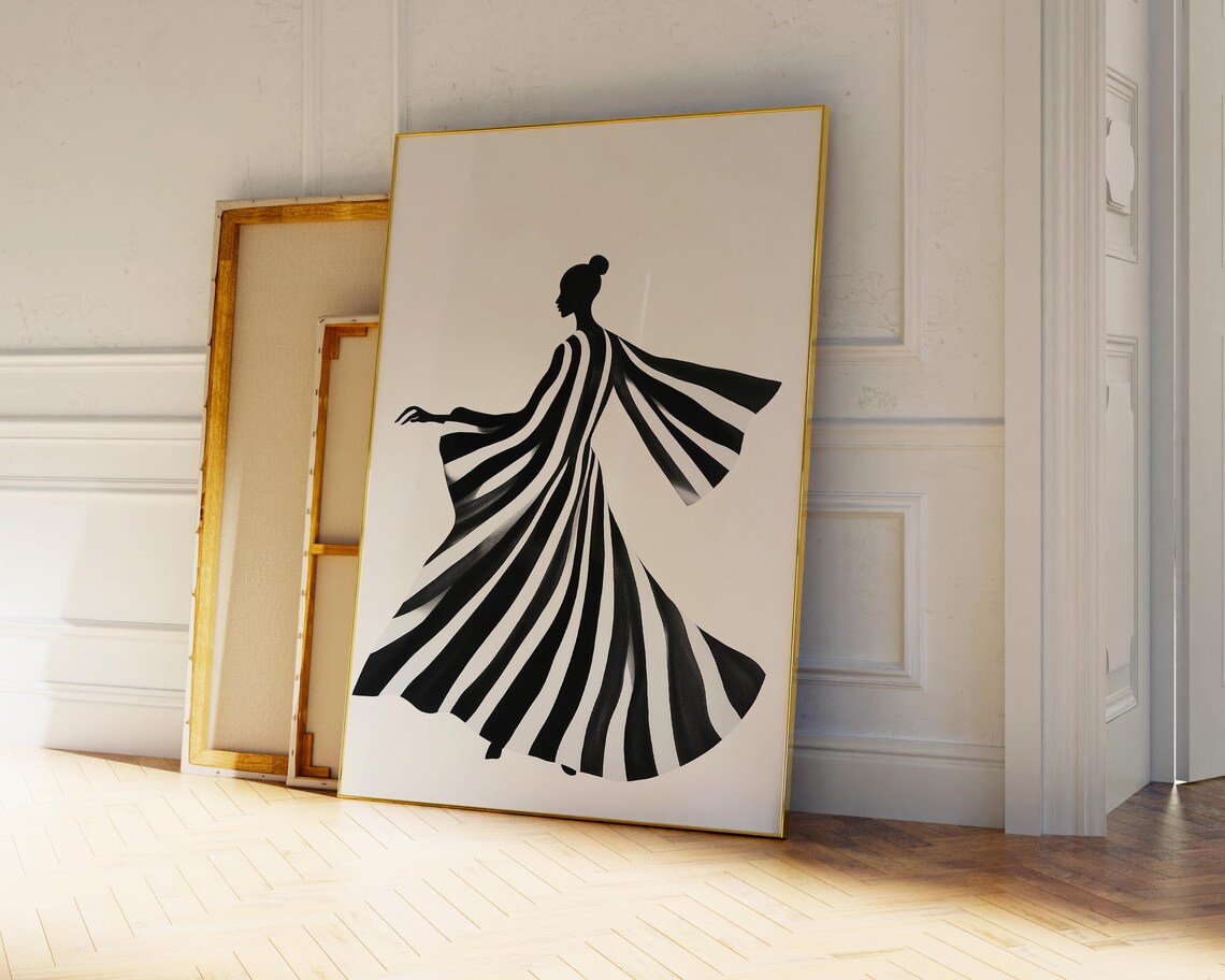 Twirling Dancer in Black and White Striped Gown Minimalist Poster - Image 3