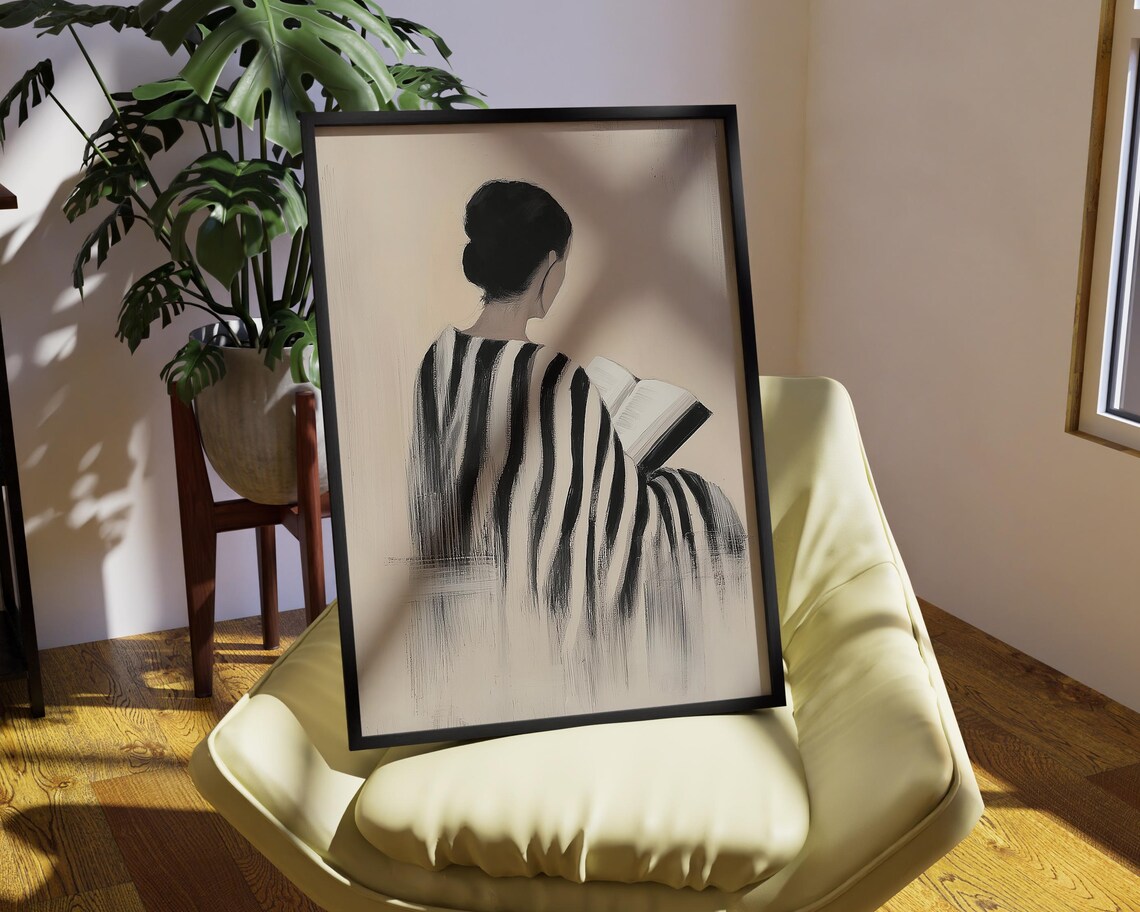 Striped Dress Woman Reading, Minimalist Portrait Art Print - Image 2