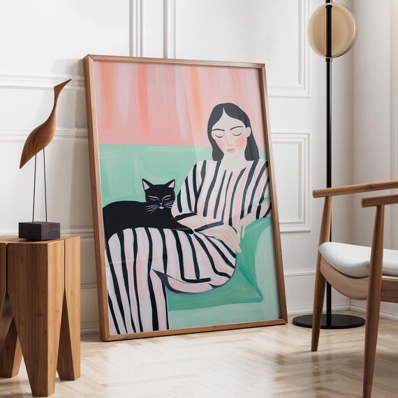 Relaxing Woman With Black Cat Pink Green Minimalist Feline Art Poster