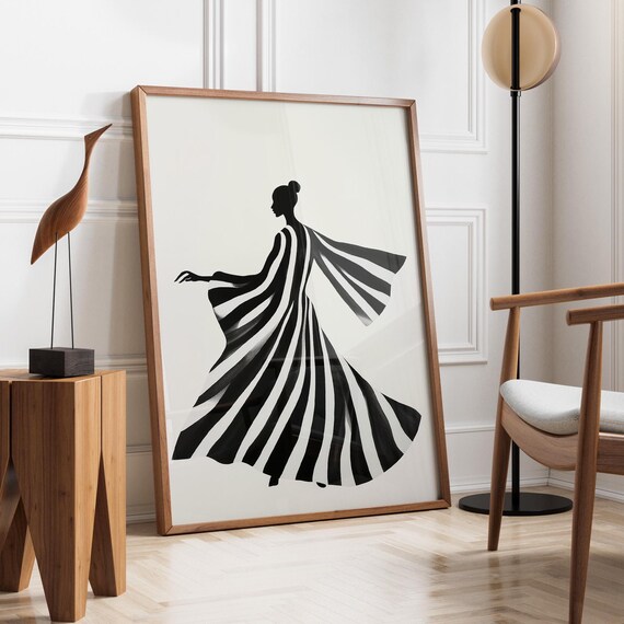 Twirling Dancer in Black and White Striped Gown Minimalist Poster