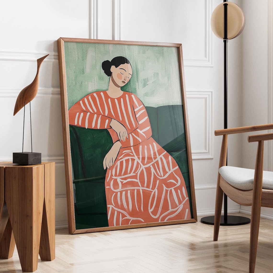 Resting Woman In Coral Striped Dress Matisse Style Abstract Art Poster