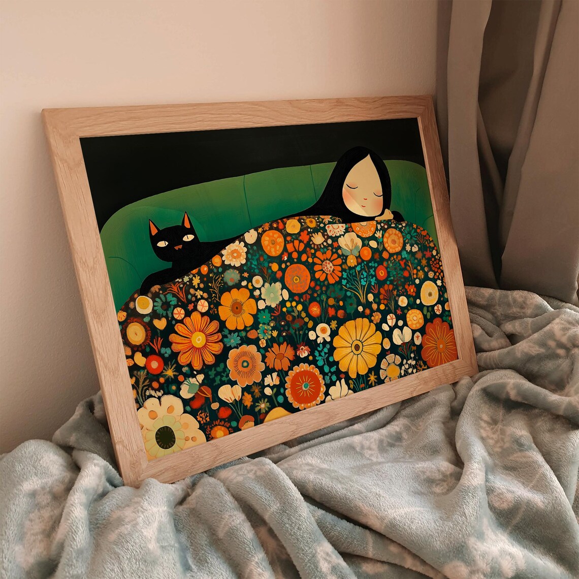 Sleeping Woman With A Black Cat Under A Floral Blanket Poster - Image 2