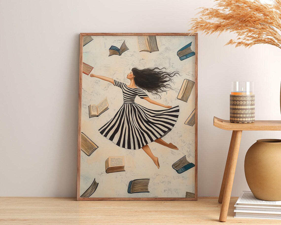 Dreamy Dancer In Striped Dress Surrounded By Floating Books Poster - Image 3