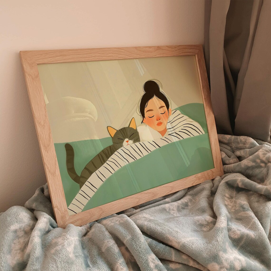 Sleeping Woman Cuddling Tabby Cat Under A Green Blanket Poster - Image 3