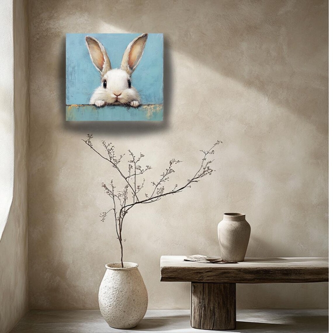 White Bunny Peeking Over Edge On Blue Cute Kids Room Animal Poster - Image 2